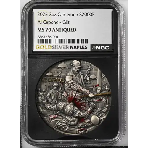2025 - 2oz Al Capone ~ Gilt Silver Coin - Cameroon S2000F - NGC MS70 (D-7)
